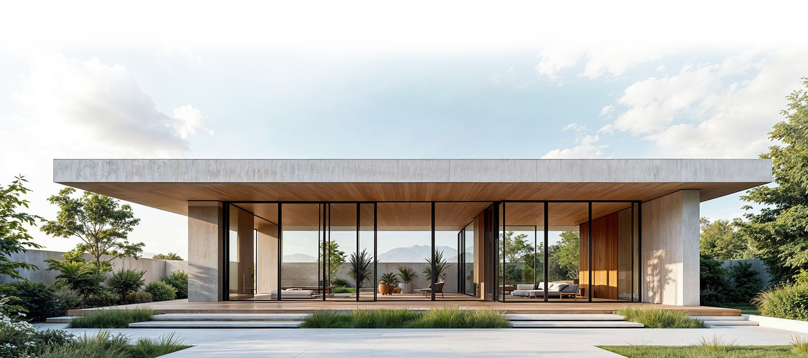 Modern house with glass walls and wooden interior